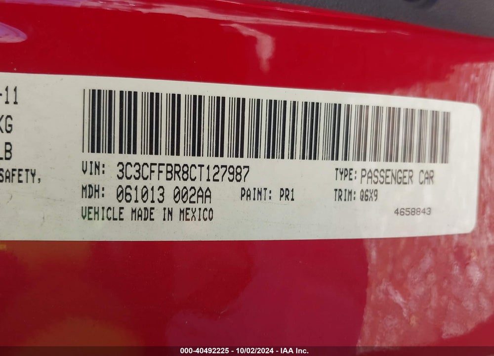 2012 FIAT 500 SPORT VIN: 3C3CFFBR8CT127987