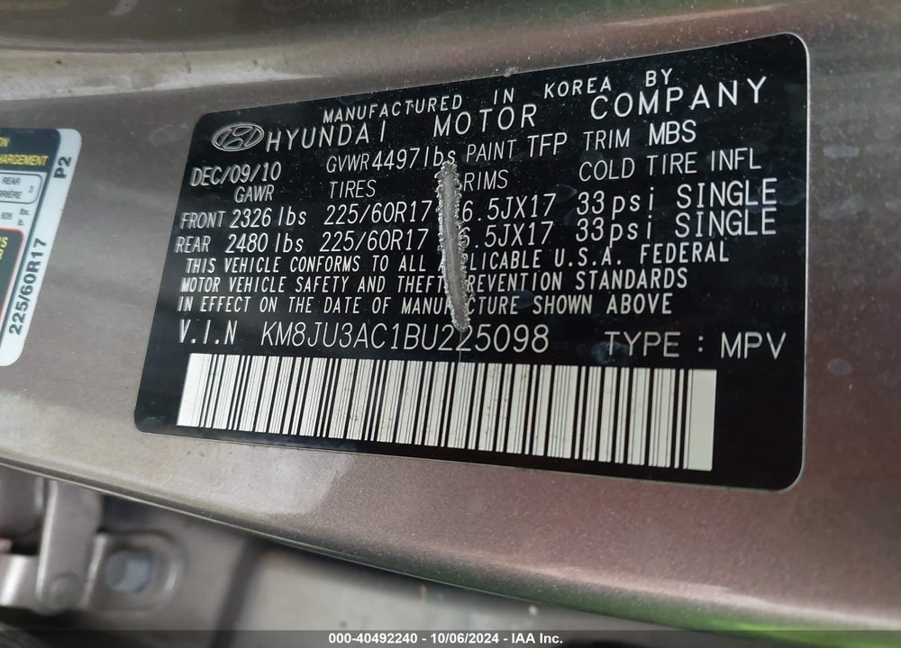 2011 HYUNDAI TUCSON GLS VIN: KM8JU3AC1BU225098