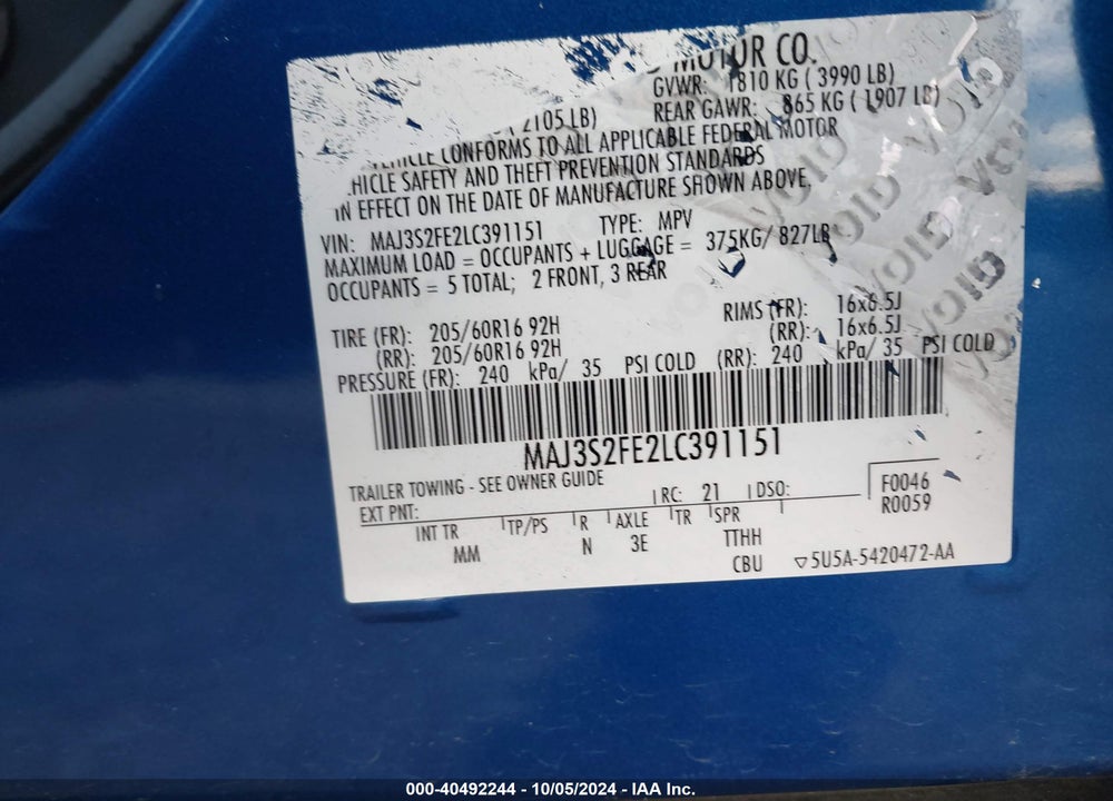 2020 FORD ECOSPORT S VIN: MAJ3S2FE2LC391151