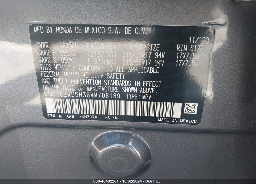 2021 HONDA HR-V VIN: 3CZRU5H36MM708189