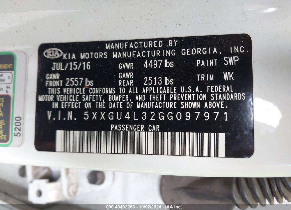 2016 KIA OPTIMA EX VIN: 5XXGU4L32GG097971
