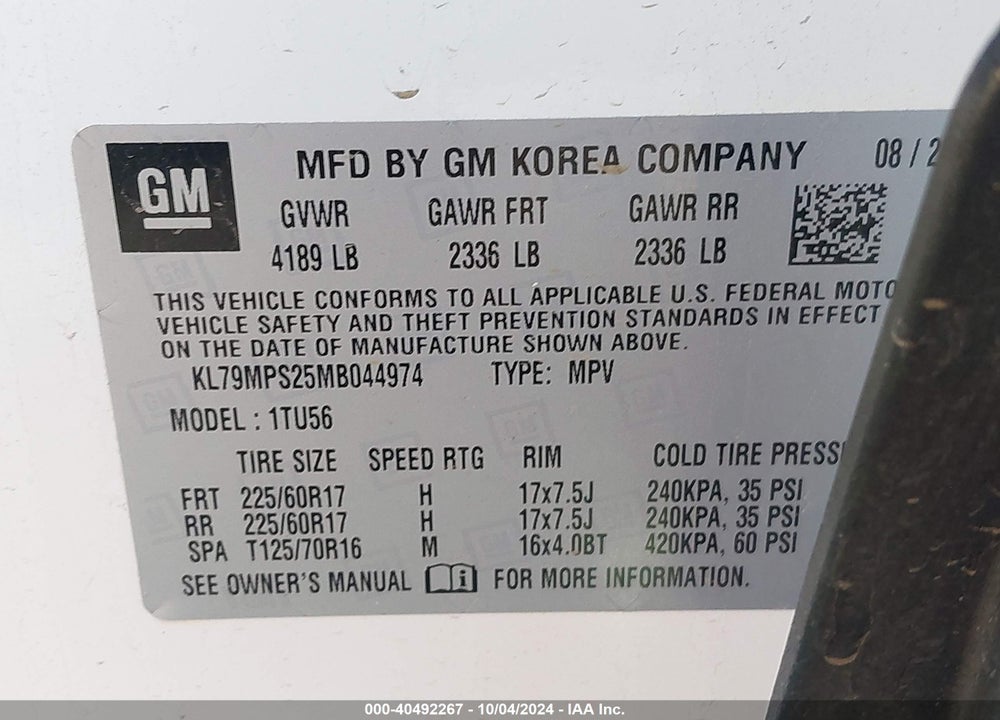2021 CHEVROLET TRAILBLAZER FWD LT VIN: KL79MPS25MB044974