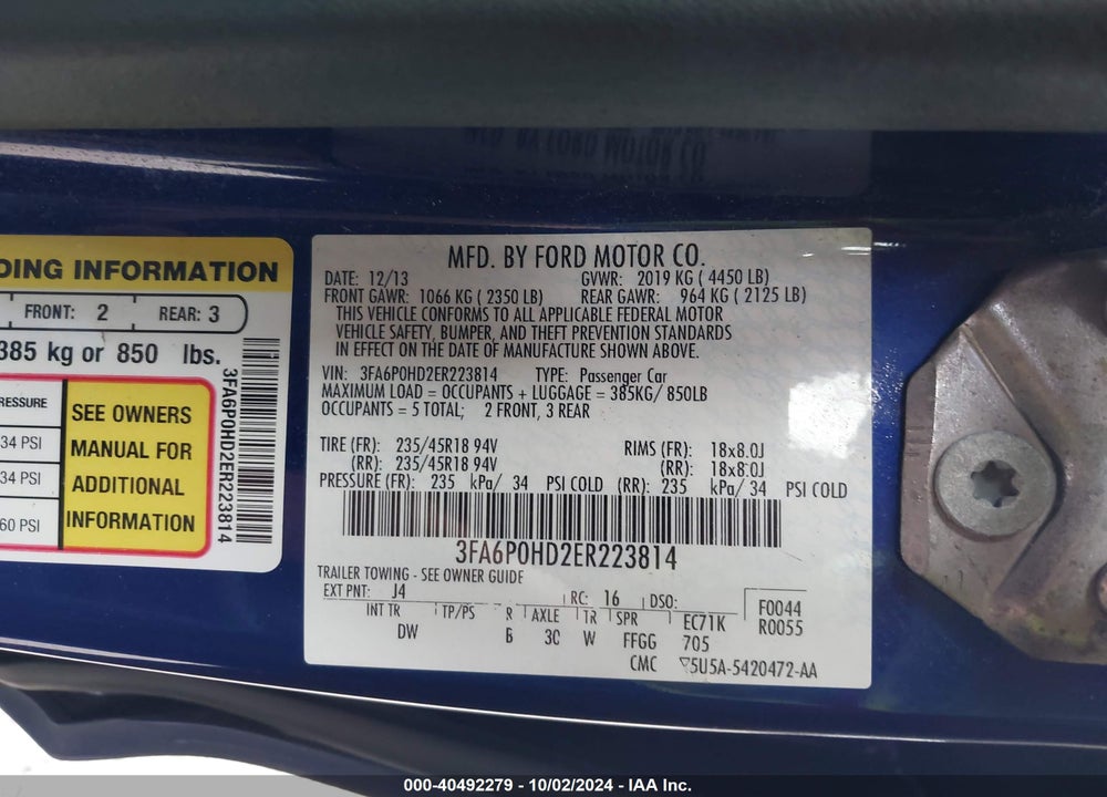 2014 FORD FUSION SE VIN: 3FA6P0HD2ER223814
