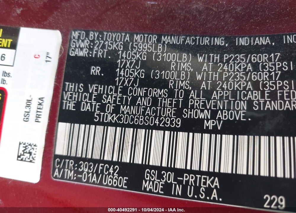 2011 TOYOTA SIENNA LE V6 VIN: 5TDKK3DC6BS042939