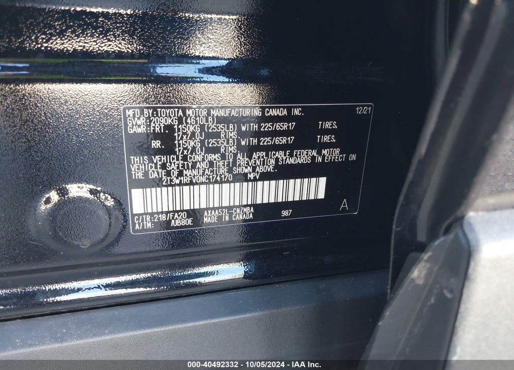 2022 TOYOTA RAV4 XLE VIN: 2T3W1RFV0NC174170