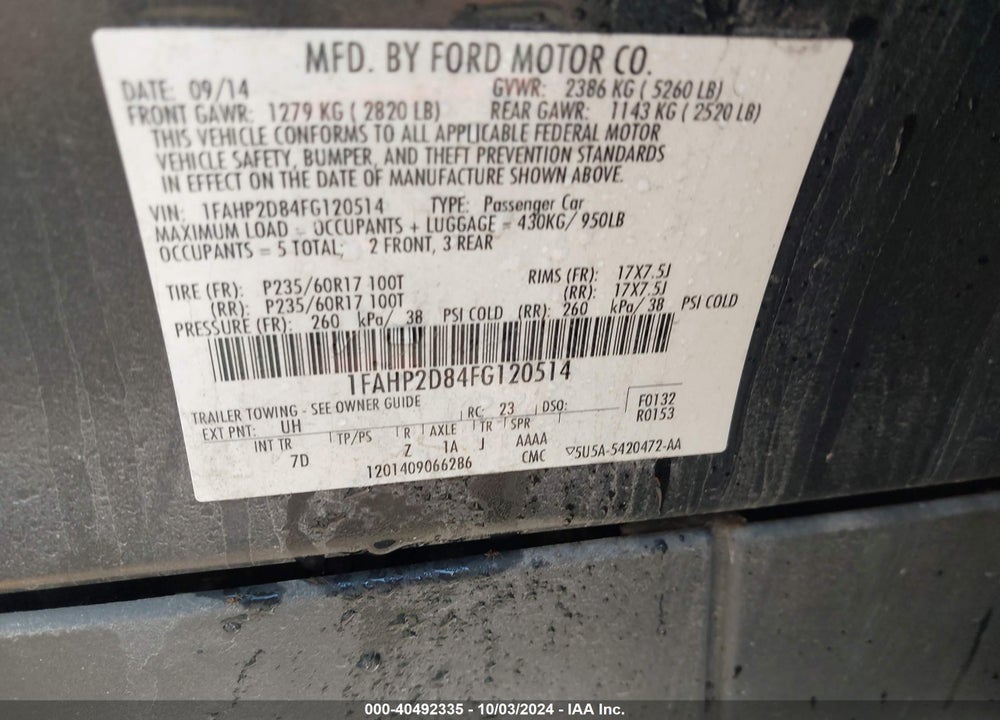 2015 FORD TAURUS SE VIN: 1FAHP2D84FG120514