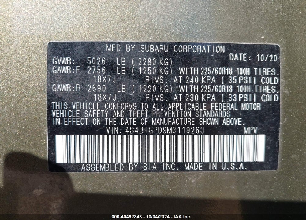 2021 SUBARU OUTBACK TOURING XT VIN: 4S4BTGPD9M3119263