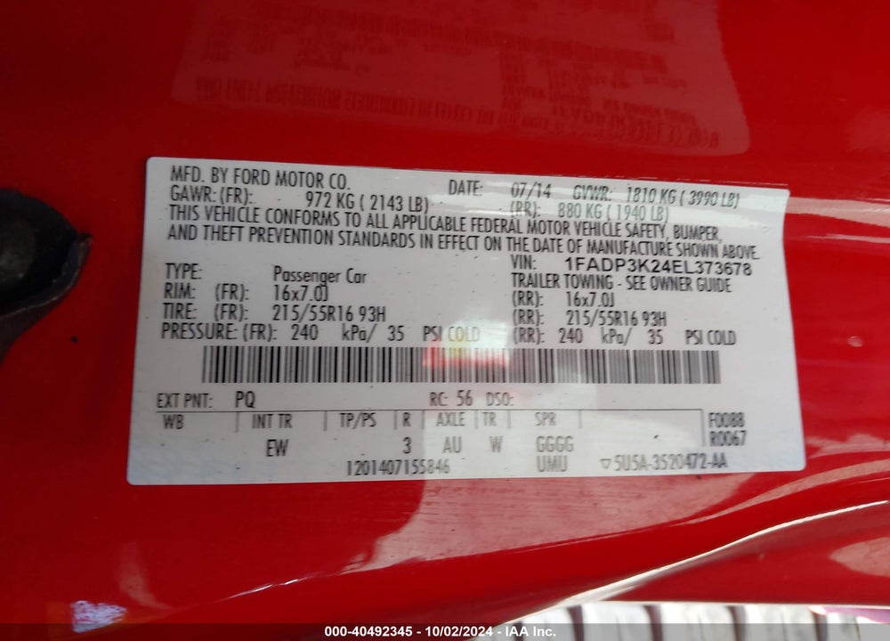 2014 FORD FOCUS SE VIN: 1FADP3K24EL373678