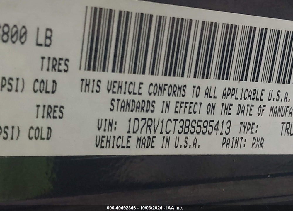 2011 RAM 1500 LAIE VIN: 1D7RV1CT3BS595413