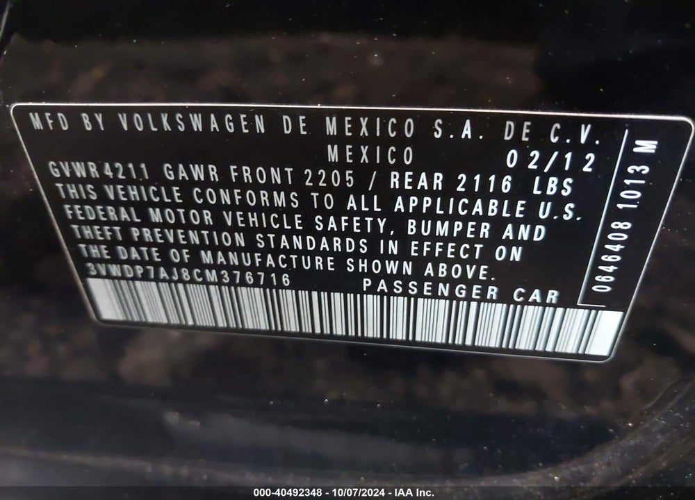 2012 VOLKSWAGEN JETTA 2.5L SE VIN: 3VWDP7AJ8CM376716