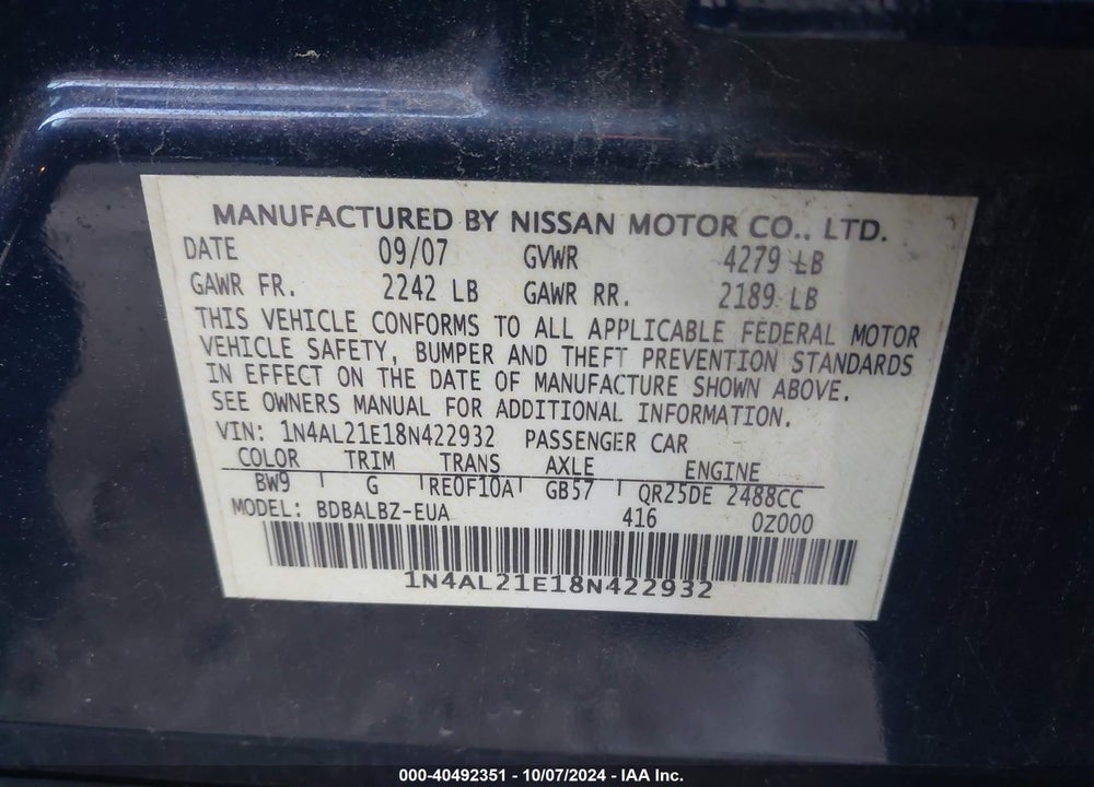 2008 NISSAN ALTIMA 2.5 S VIN: 1N4AL21E18N422932