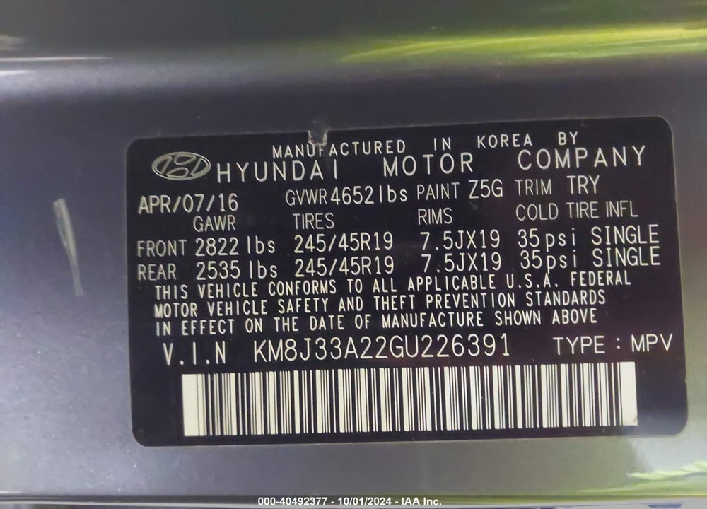2016 HYUNDAI TUCSON LIMITED VIN: KM8J33A22GU226391