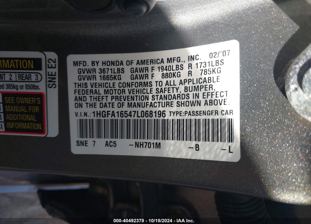 2007 HONDA CIVIC LX VIN: 1HGFA16547L068196