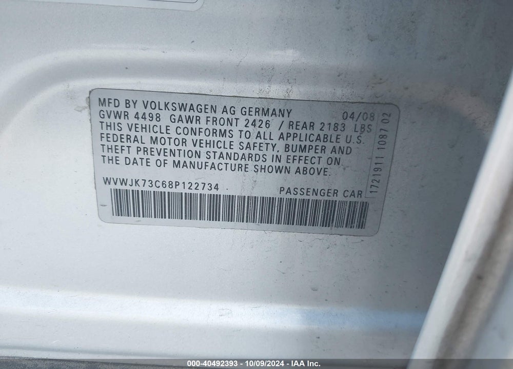 2008 VOLKSWAGEN PASSAT TURBO VIN: WVWJK73C68P122734