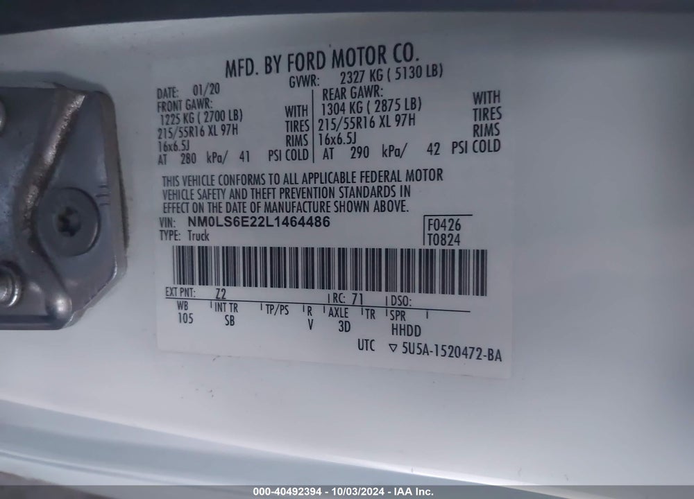 2020 FORD TRANSIT CONNECT XL VIN: NM0LS6E22L1464486