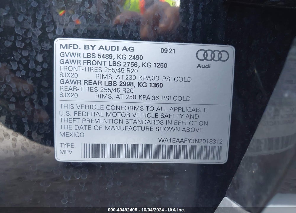 2022 AUDI Q5 PREMIUM PLUS 45 TFSI S LINE QUATTRO S TRONIC VIN: WA1EAAFY3N2018312