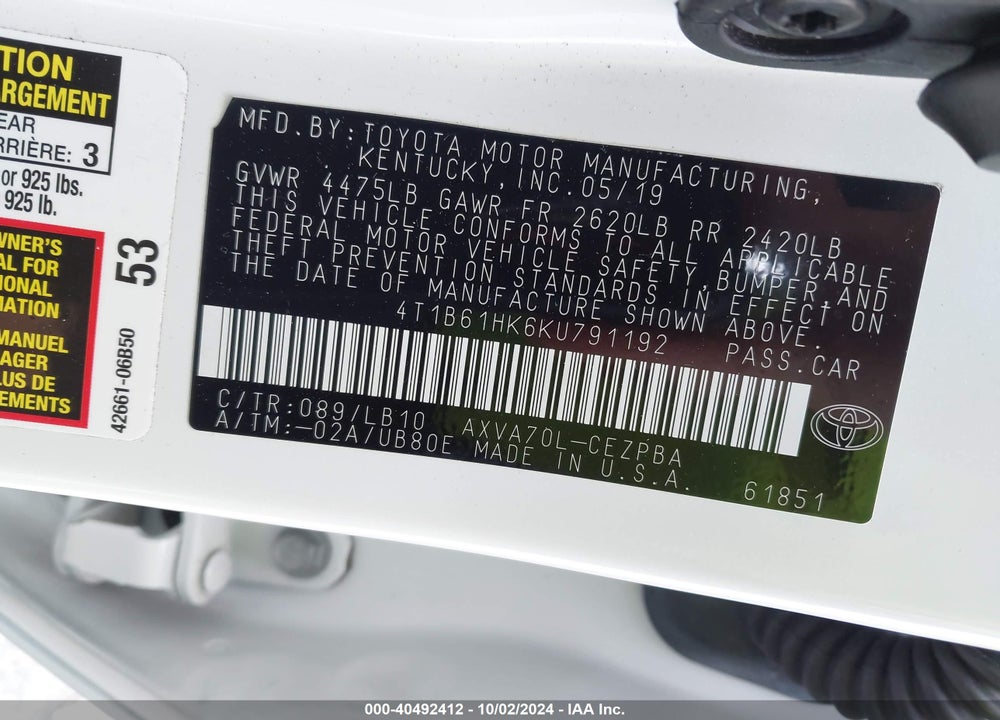 2019 TOYOTA CAMRY XSE VIN: 4T1B61HK6KU791192