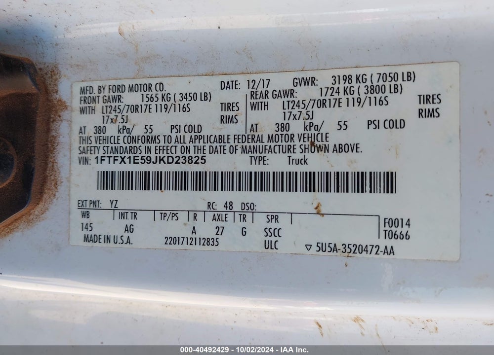 2018 FORD F-150 XL VIN: 1FTFX1E59JKD23825