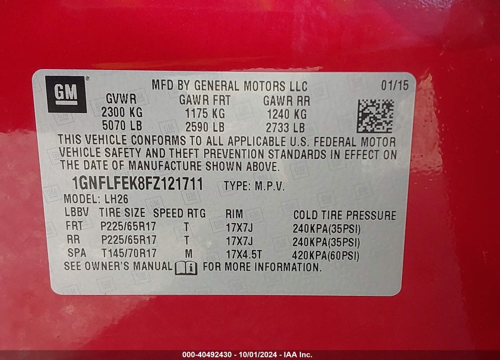 2015 CHEVROLET EQUINOX 1LT VIN: 1GNFLFEK8FZ121711