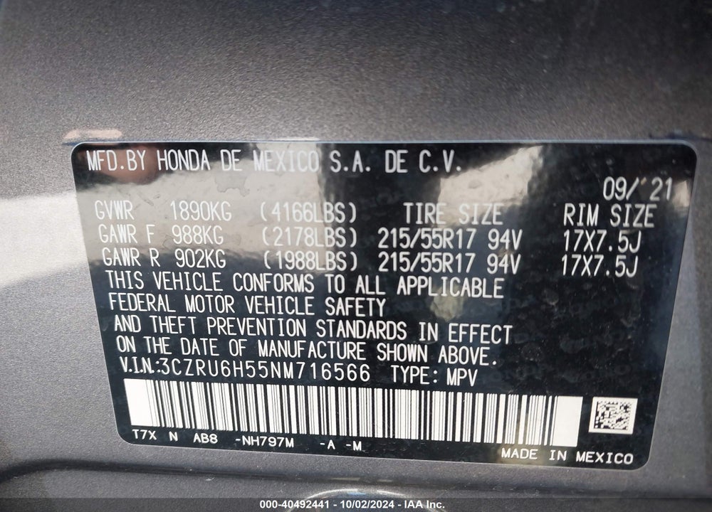2022 HONDA HR-V AWD EX VIN: 3CZRU6H55NM716566
