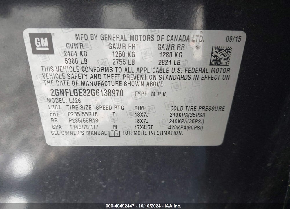 2016 CHEVROLET EQUINOX LTZ VIN: 2GNFLGE32G6138970