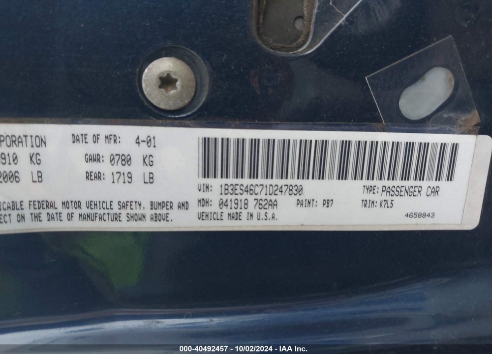 2001 DODGE NEON SE VIN: 1B3ES46C71D247830