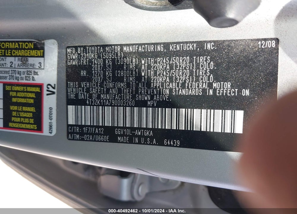 2009 TOYOTA VENZA BASE V6 VIN: 4T3ZK11A79U003260