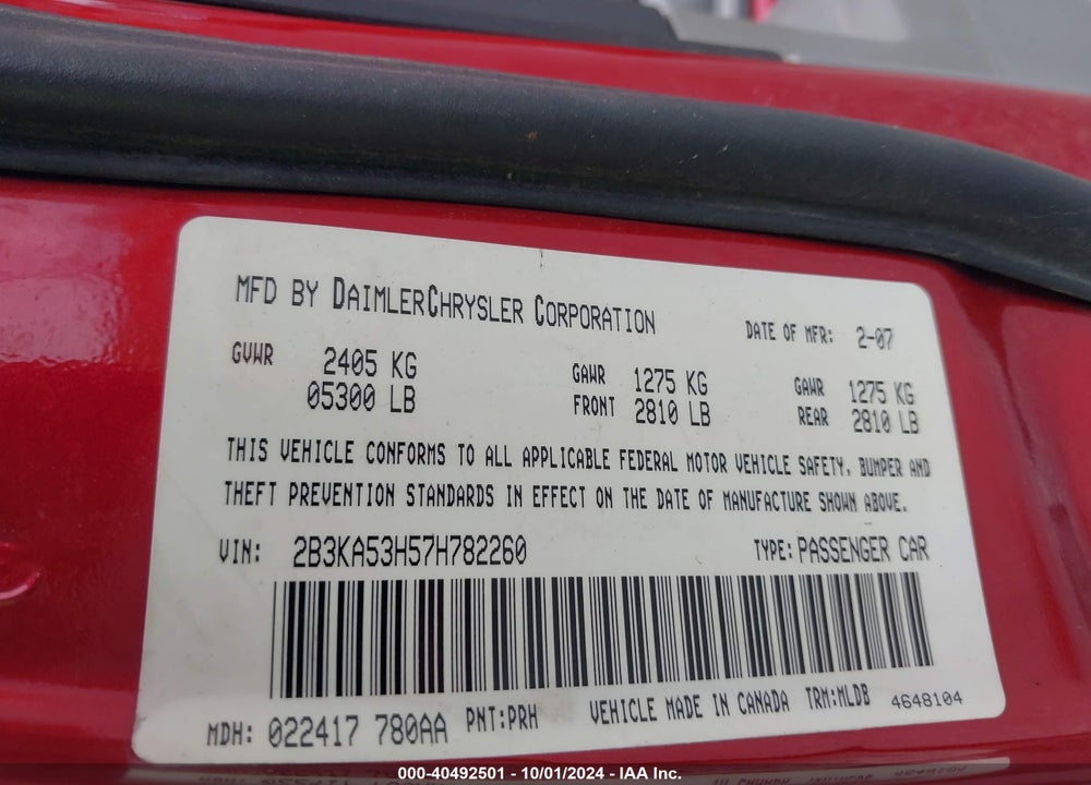 2007 DODGE CHARGER RT VIN: 2B3KA53H57H782260