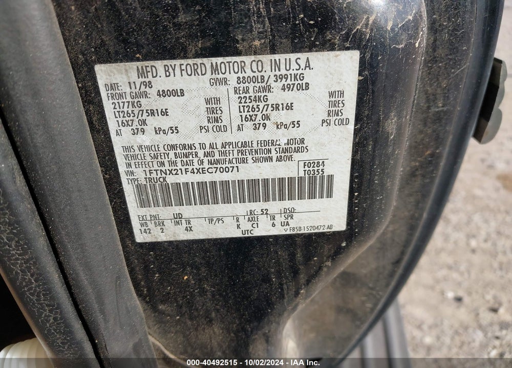 1999 FORD F-250 LARIAT/XL/XLT VIN: 1FTNX21F4XEC70071