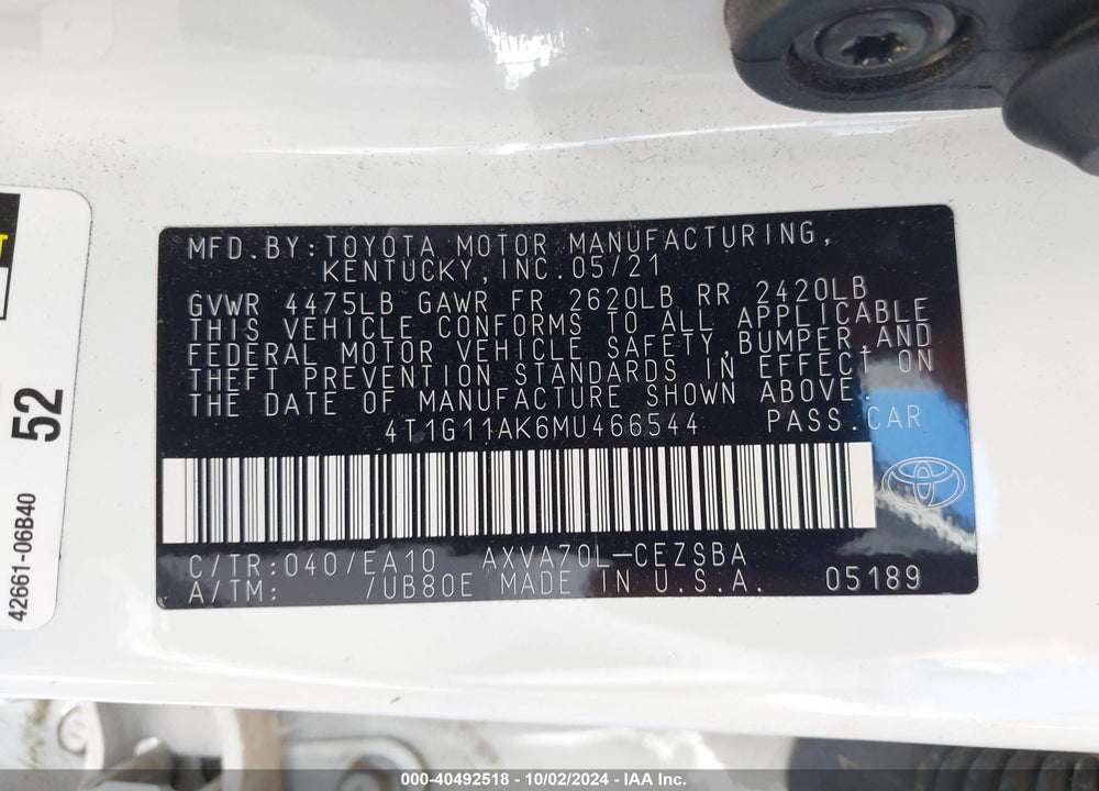 2021 TOYOTA CAMRY SE VIN: 4T1G11AK6MU466544