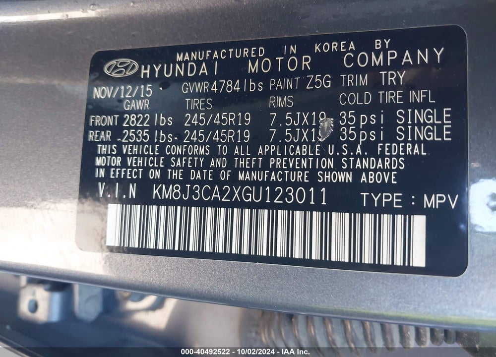 2016 HYUNDAI TUCSON SPORT VIN: KM8J3CA2XGU123011