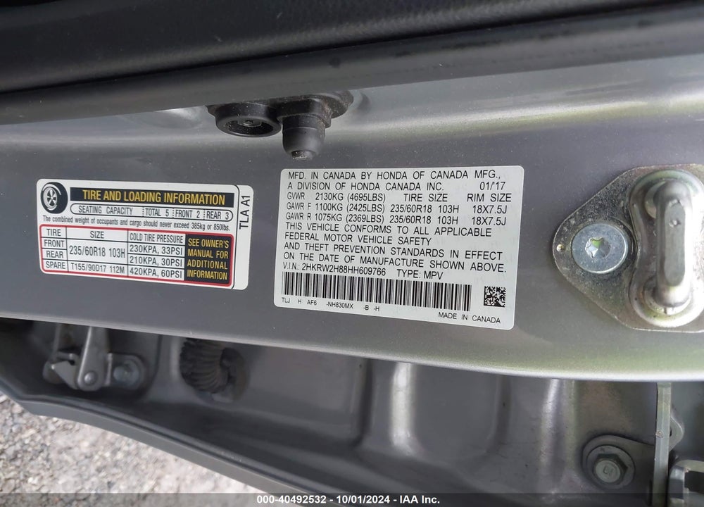 2017 HONDA CR-V EX-L/EX-L NAVI VIN: 2HKRW2H88HH609766