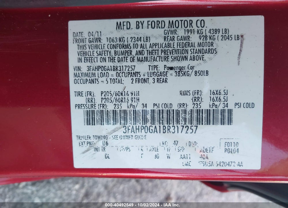 2011 FORD FUSION S VIN: 3FAHP0GA1BR317257