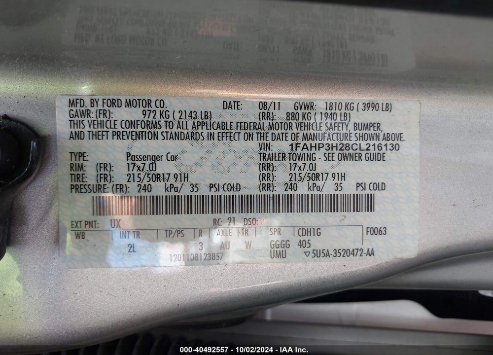 2012 FORD FOCUS SEL VIN: 1FAHP3H28CL216130
