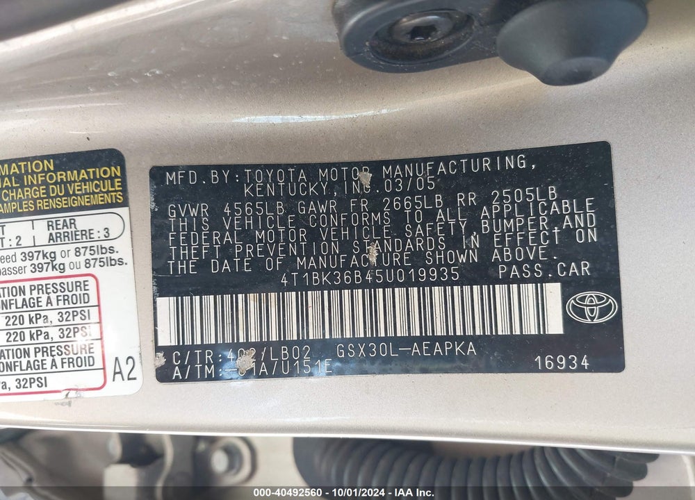 2005 TOYOTA AVALON LIMITED VIN: 4T1BK36B45U019935