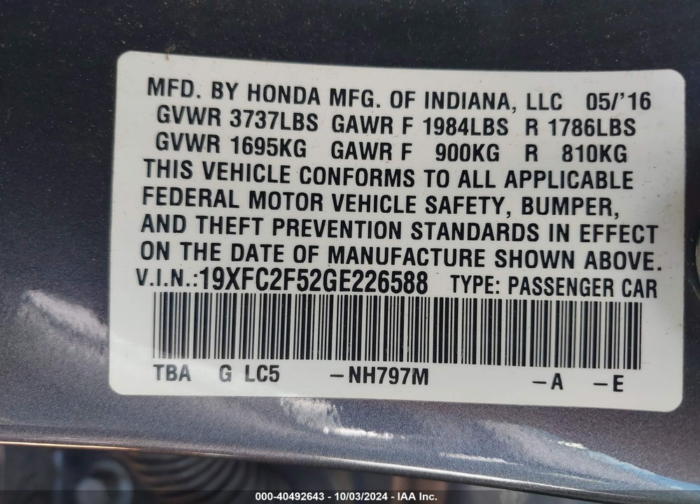2016 HONDA CIVIC LX VIN: 19XFC2F52GE226588