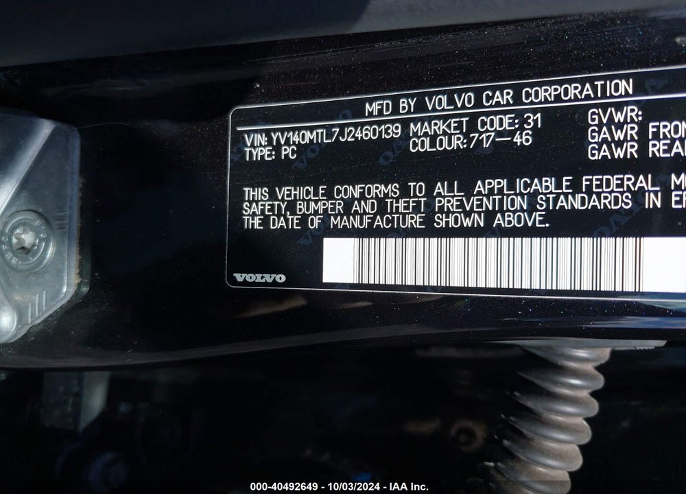 2018 VOLVO S60 T5 DYNAMIC VIN: YV140MTL7J2460139