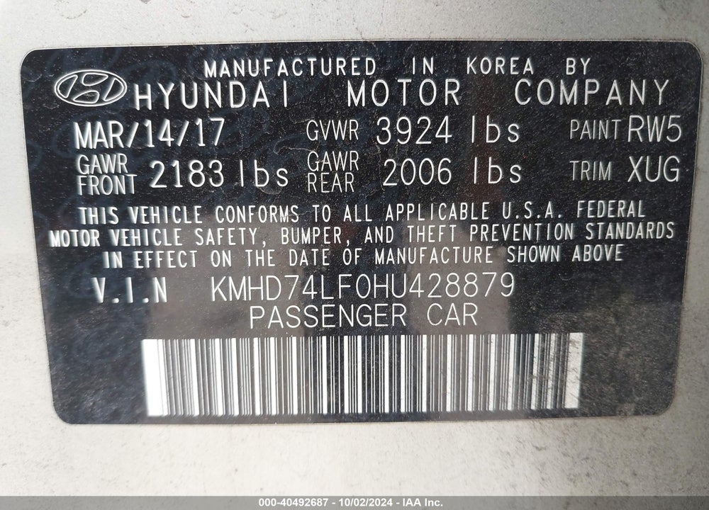 2017 HYUNDAI ELANTRA SE VIN: KMHD74LF0HU428879
