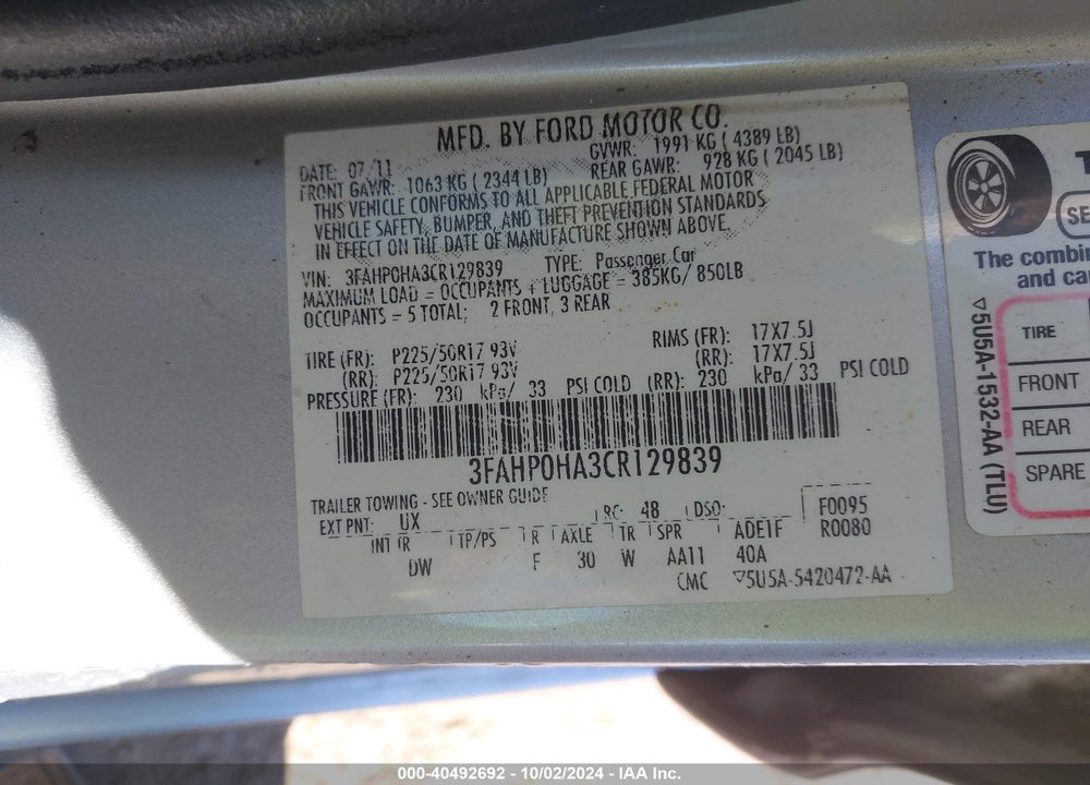 2012 FORD FUSION SE VIN: 3FAHP0HA3CR129839