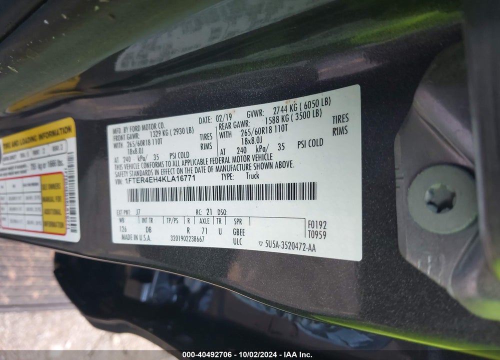 2019 FORD RANGER LARIAT VIN: 1FTER4EH4KLA16771