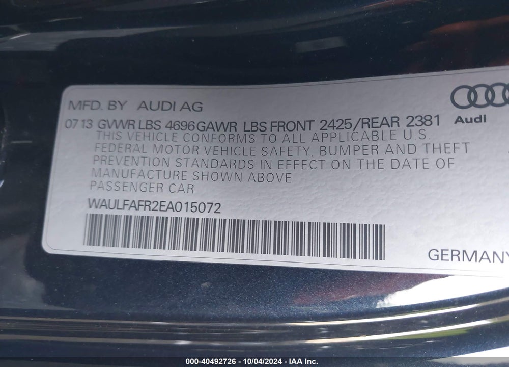 2014 AUDI A5 2.0T PREMIUM VIN: WAULFAFR2EA015072