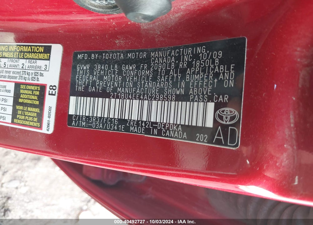 2010 TOYOTA COROLLA LE VIN: 2T1BU4EE4AC298598