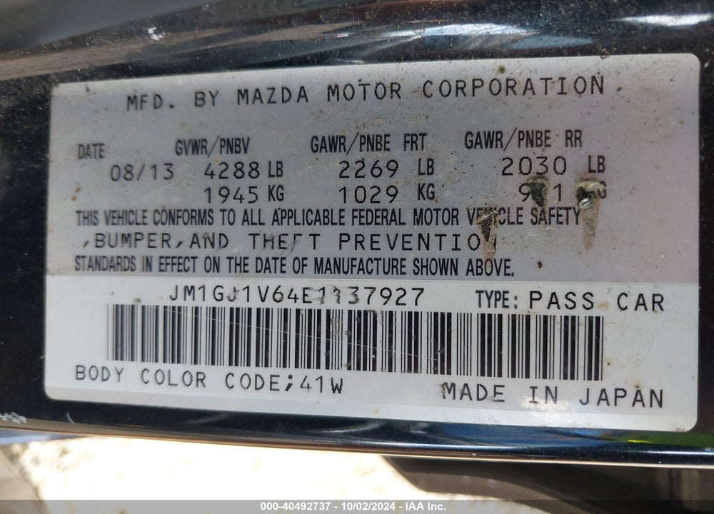 2014 MAZDA 6 I TOURING VIN: JM1GJ1V64E1137927