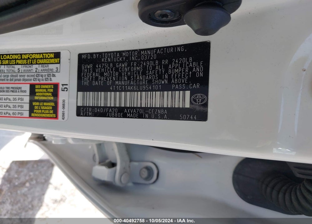 2020 TOYOTA CAMRY LE VIN: 4T1C11AK6LU954101
