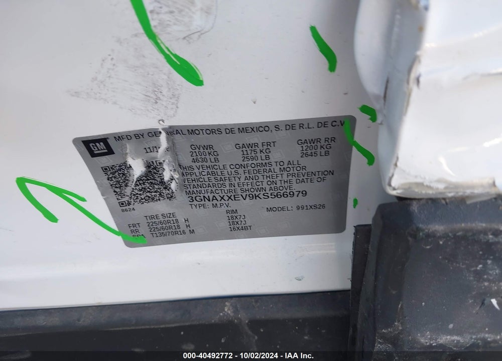 2019 CHEVROLET EQUINOX PREMIER VIN: 3GNAXXEV9KS566979