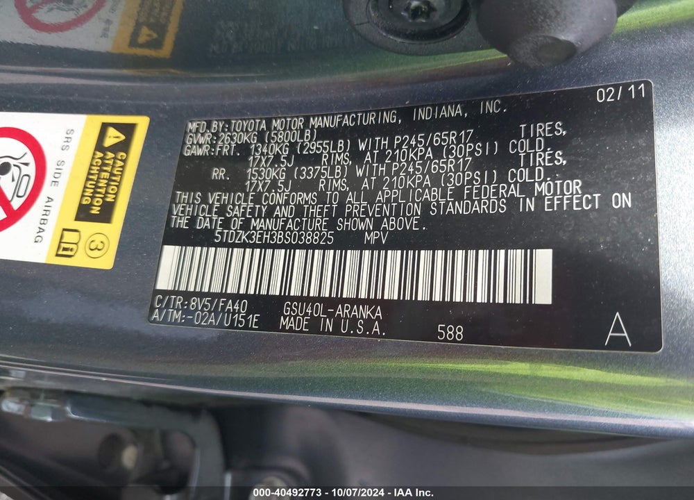 2011 TOYOTA HIGHLANDER BASE V6 VIN: 5TDZK3EH3BS038825