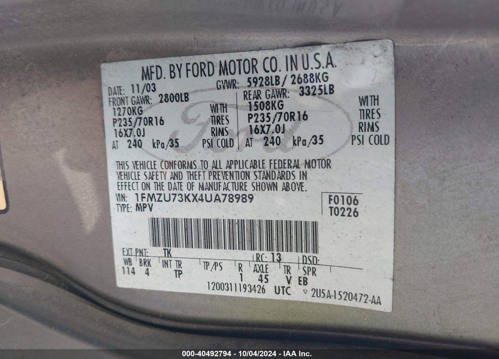 2004 FORD EXPLORER NBX/XLT VIN: 1FMZU73KX4UA78989
