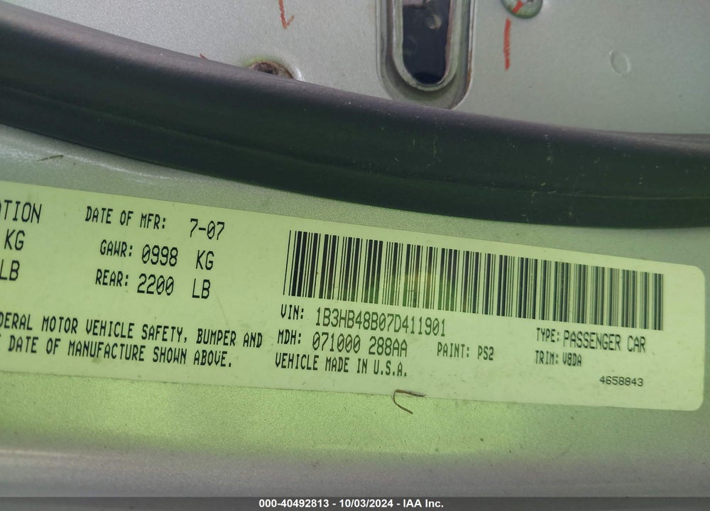 2007 DODGE CALIBER SXT VIN: 1B3HB48B07D411901