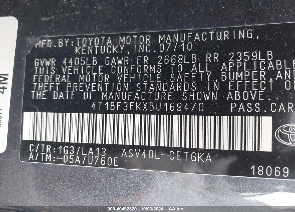 2011 TOYOTA CAMRY XLE VIN: 4T1BF3EKXBU169470