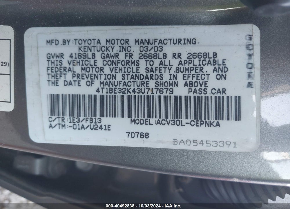 2003 TOYOTA CAMRY LE VIN: 4T1BE32K43U717679